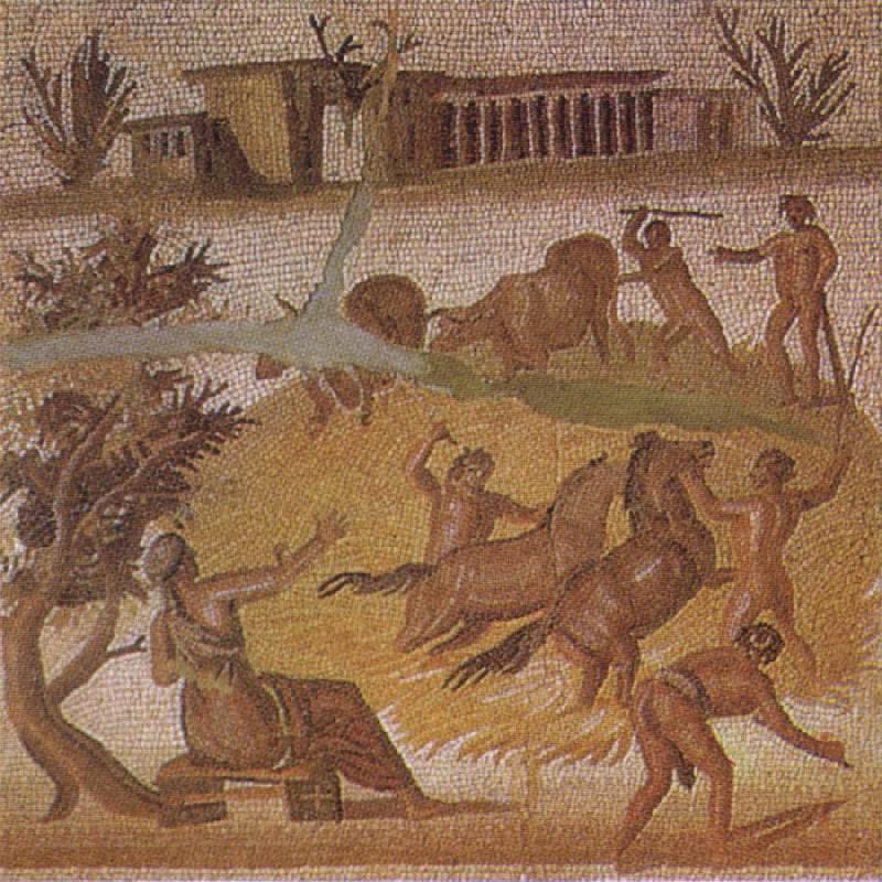 unknow artist Mosaic from the Roman villa at Zliten in Tripolitania showing horses and cattle threshing corn Sweden oil painting art